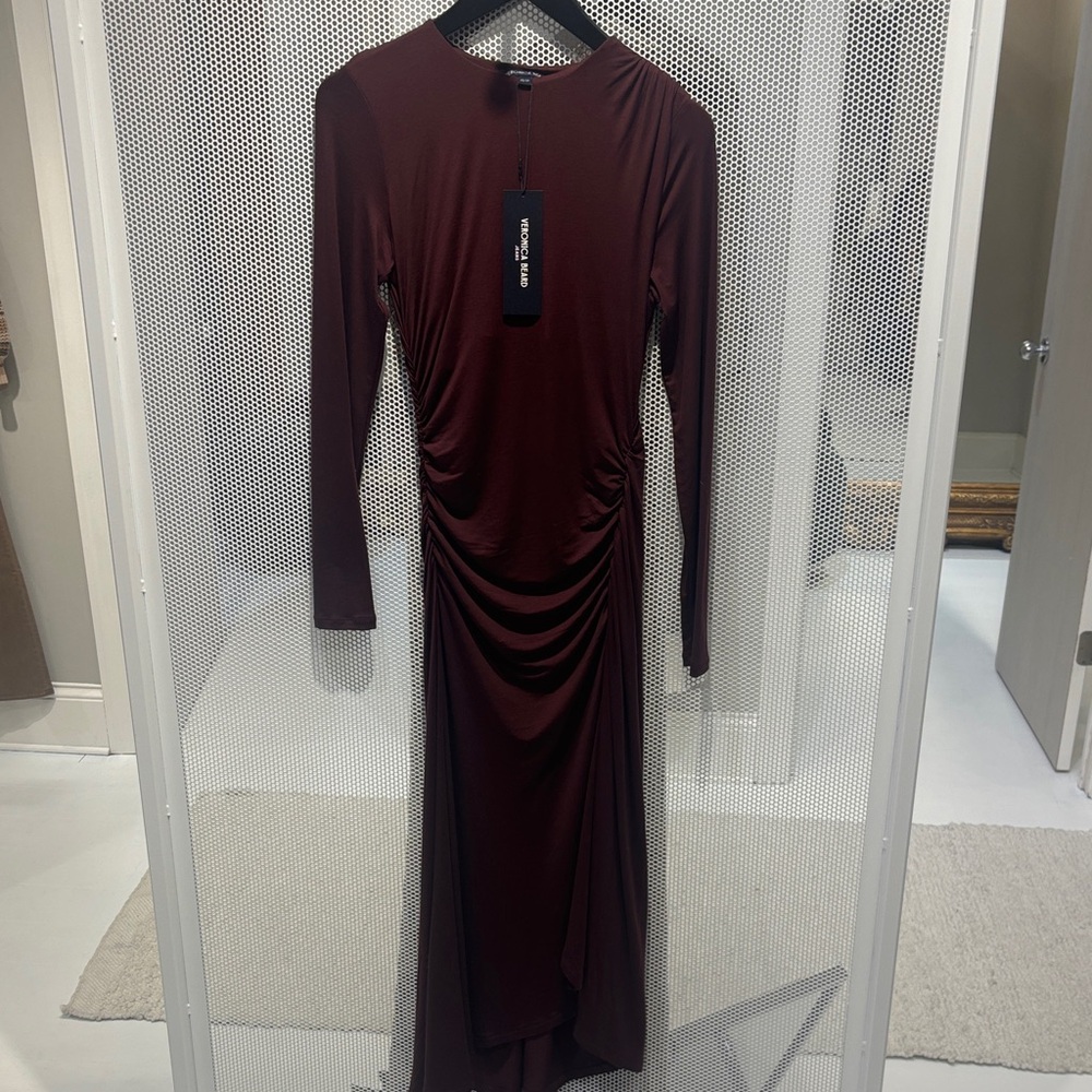 Veronica Beard Theodora Ruched Dress in Raisin Size X-Small NWT